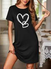 Kısa Kollu Bisiklet Yaka Kalp Desenli Viskon Elbise