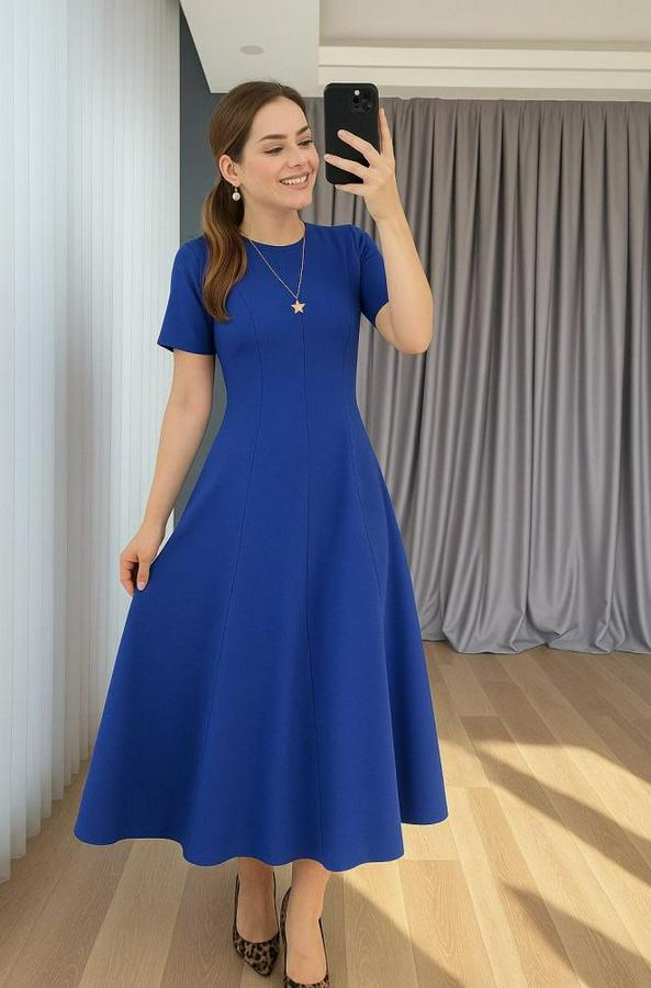 Kısa Kollu Bisiklet Yaka Maksi Boy Ithal Krep Elbise