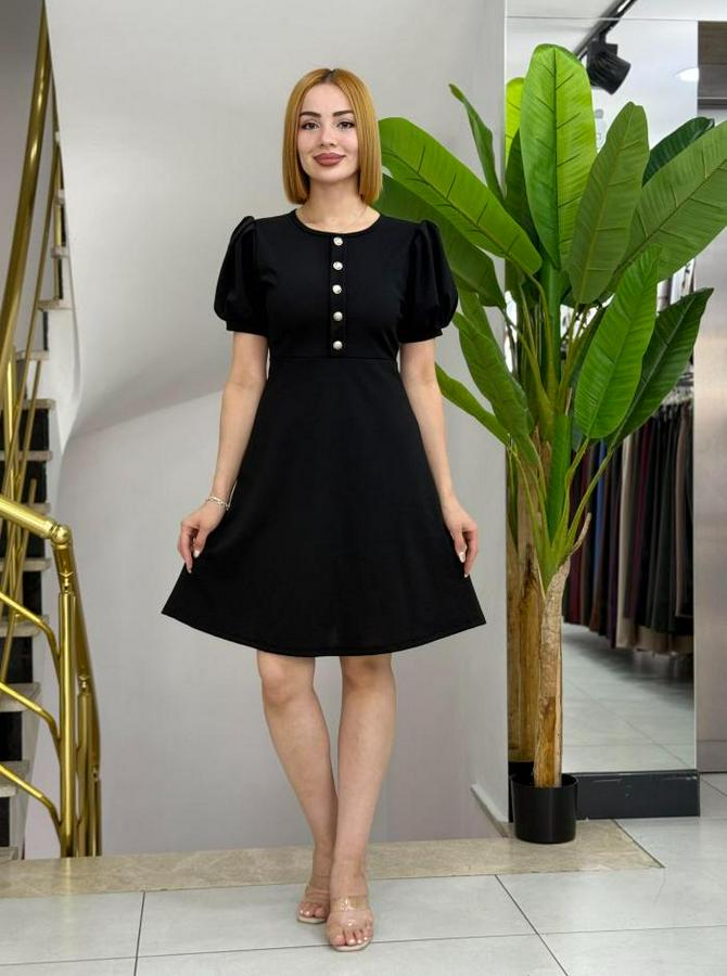 Kısa Kollu Bisiklet Yaka Önden Düğmeli Ithal Krep Elbise
