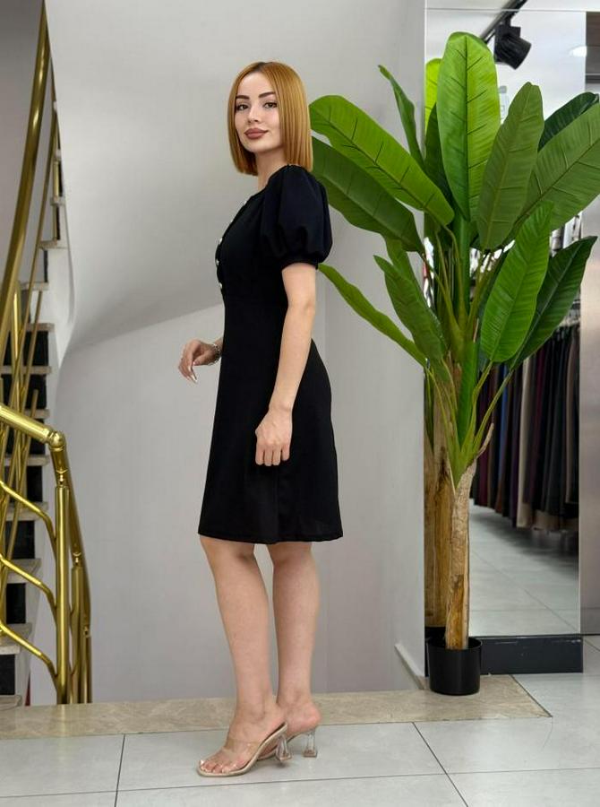 Kısa Kollu Bisiklet Yaka Önden Düğmeli Ithal Krep Elbise