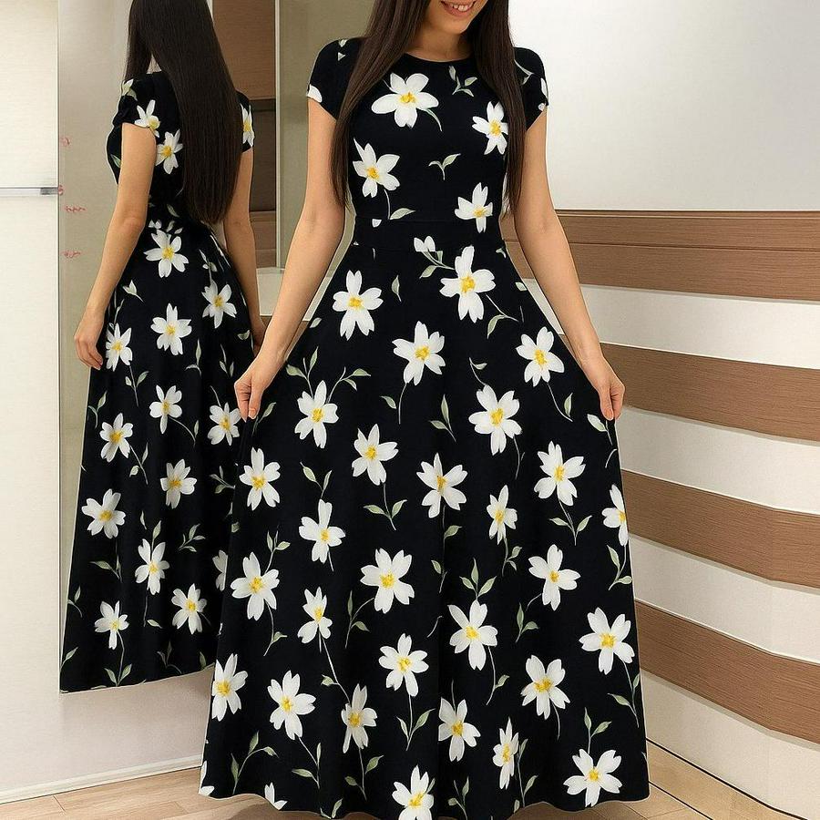 Kısa Kollu Bisiklet Yaka Puantiyeli Maksi Örme Krep Elbise