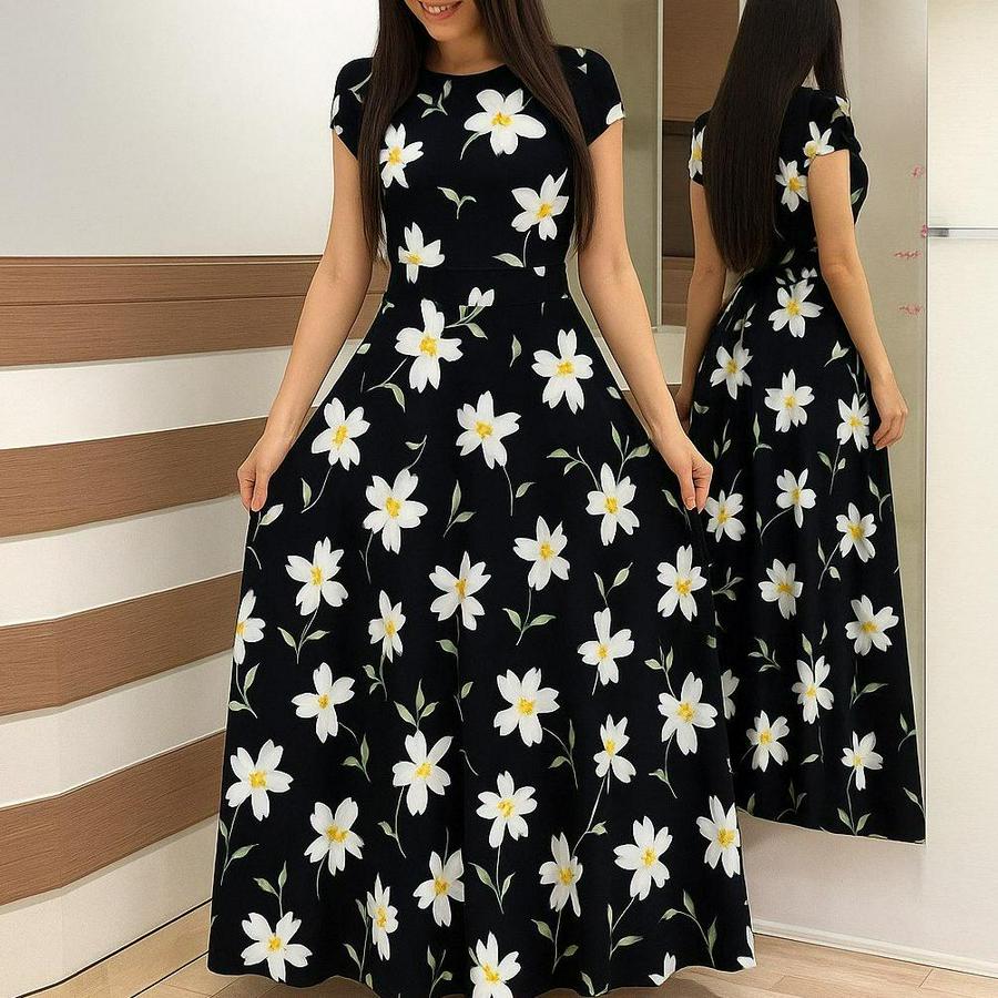 Kısa Kollu Bisiklet Yaka Puantiyeli Maksi Örme Krep Elbise