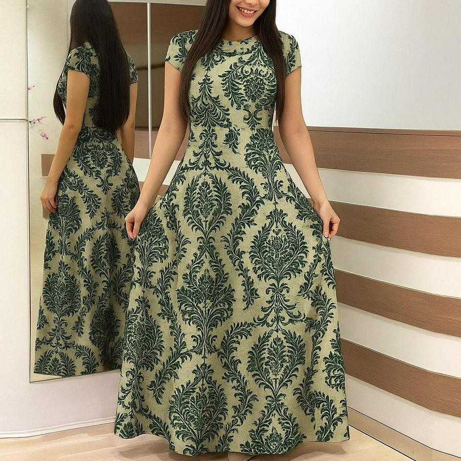 Kısa Kollu Bisiklet Yaka Puantiyeli Maksi Örme Krep Elbise