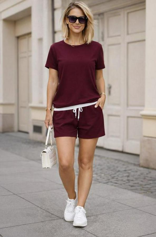 Kısa Kollu Bisiklet Yaka Viskon Iki Iplik Kumaş Bluz Ve Şort Ikili Takım