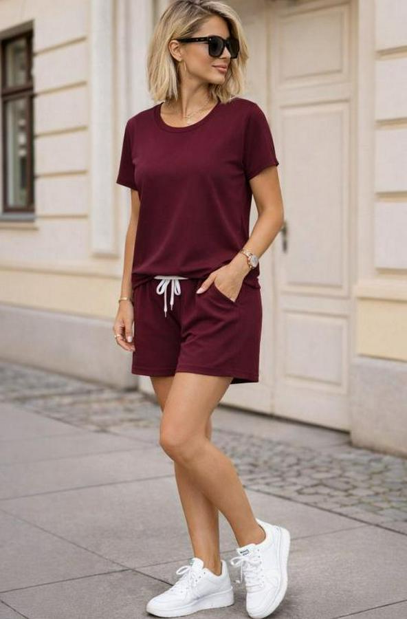 Kısa Kollu Bisiklet Yaka Viskon Iki Iplik Kumaş Bluz Ve Şort Ikili Takım