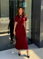 Kısa Kollu Bisiklet Yaka Yandan Bağlamalı Viskon Iki Iplik Elbise