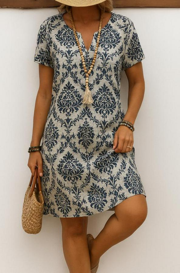 Kısa Kollu Çentik Yaka Çiçek Desenli Keten Elbise