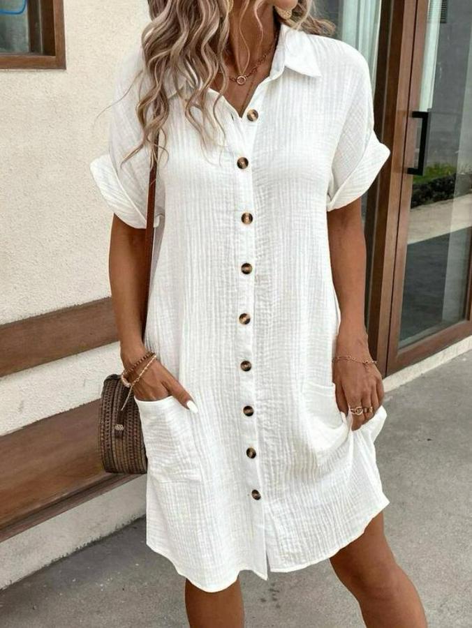 Kısa Kollu Cep Detaylı Bürümcük Kumaş Gömlek Elbise