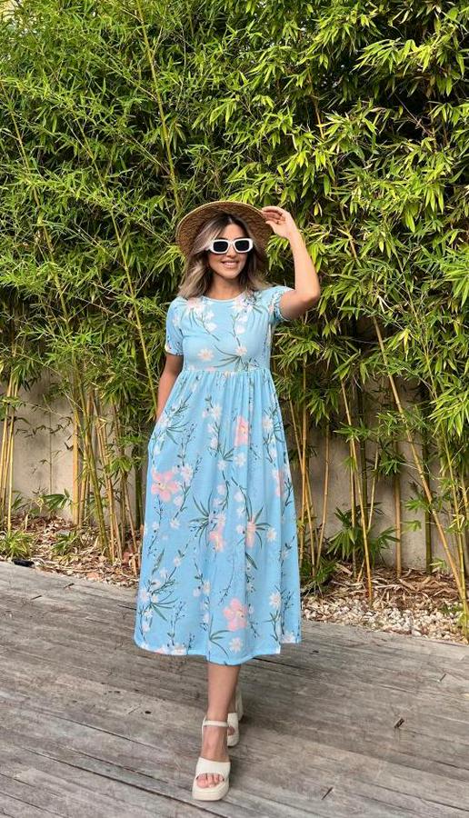 Kısa Kollu Çiçek Baskı Midi Boy Süprem Elbise