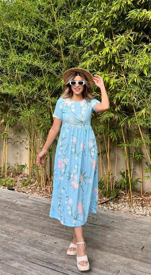 Kısa Kollu Çiçek Baskı Midi Boy Süprem Elbise