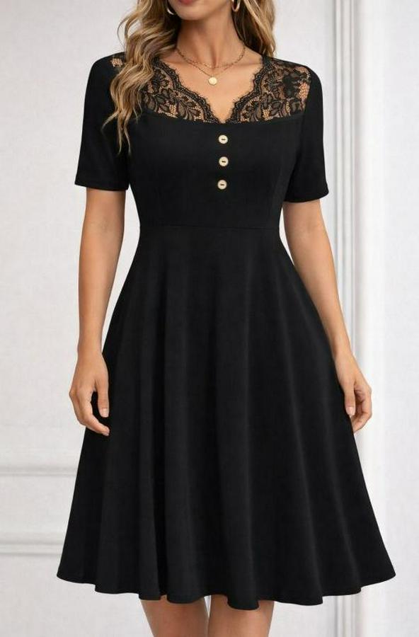 Kısa Kollu Dantel V Yakalı Düğmeli Kısa Janjan Krep Elbise