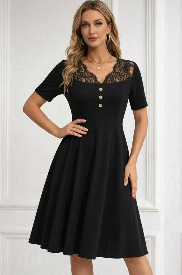 Kısa Kollu Dantel V Yakalı Düğmeli Kısa Janjan Krep Elbise