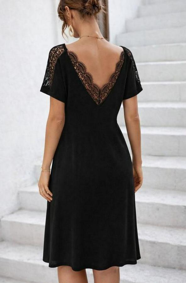 Kısa Kollu Dantel V Yakalı Midi Viskon Elbise