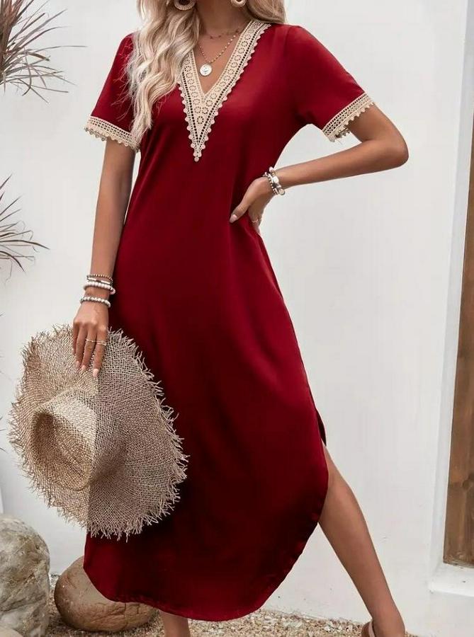 Kısa Kollu Dantel V Yakalı Uzun Viskon Elbise