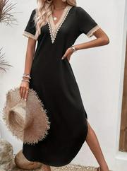 Kısa Kollu Dantel V Yakalı Uzun Viskon Elbise