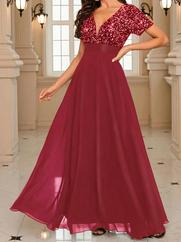 Kısa Kollu Derin V Yakalı A Kesim Pulpayet Detaylı Şifon Nedime Elbisesi