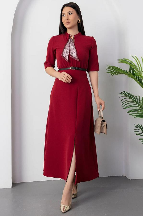Kısa Kollu Fular Ve Kemer Detay Önden Yırtmaçlı Maxi Boy Elbise