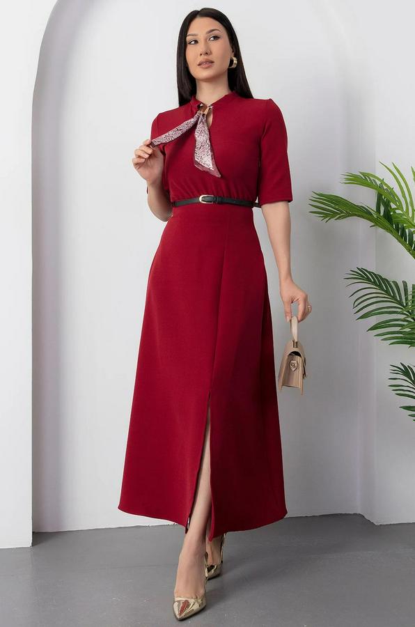 Kısa Kollu Fular Ve Kemer Detay Önden Yırtmaçlı Maxi Boy Elbise