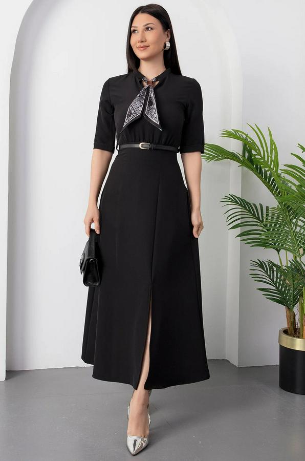 Kısa Kollu Fular Ve Kemer Detay Önden Yırtmaçlı Maxi Boy Elbise