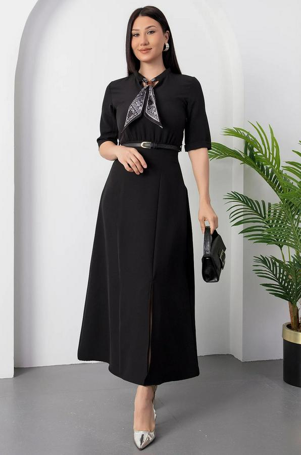 Kısa Kollu Fular Ve Kemer Detay Önden Yırtmaçlı Maxi Boy Elbise