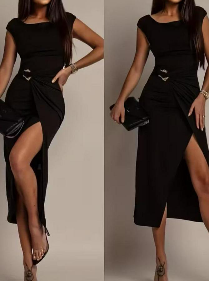 Kısa Kollu Geometrik Yakalı Önden Açık Modal Mini Elbise