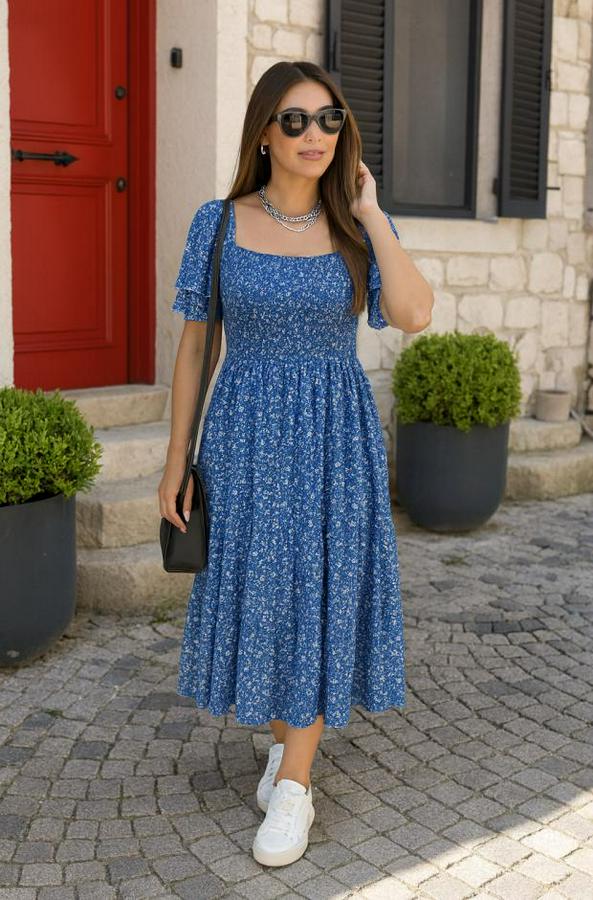 Kısa Kollu Gipe Detaylı Desenli Midi Süprem Elbise