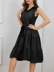 Kısa Kollu Gömlek Yaka Düğmeli Beli Kuşaklı Katlı Dokuma Midi Elbise