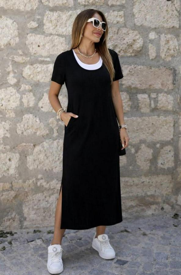 Kısa Kollu Içi Atlet Görünümlü Yandan Yırtmaçlı Uzun Viskon Elbise