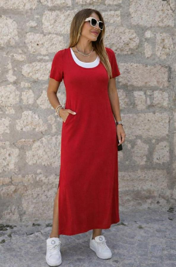 Kısa Kollu Içi Atlet Görünümlü Yandan Yırtmaçlı Uzun Viskon Elbise