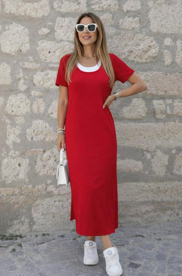 Kısa Kollu Içi Atlet Görünümlü Yandan Yırtmaçlı Uzun Viskon Elbise