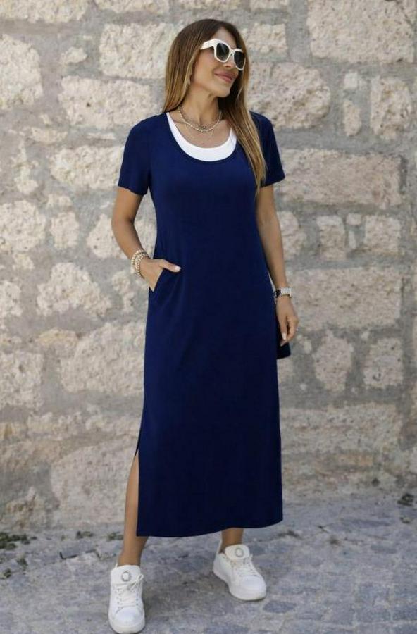 Kısa Kollu Içi Atlet Görünümlü Yandan Yırtmaçlı Uzun Viskon Elbise