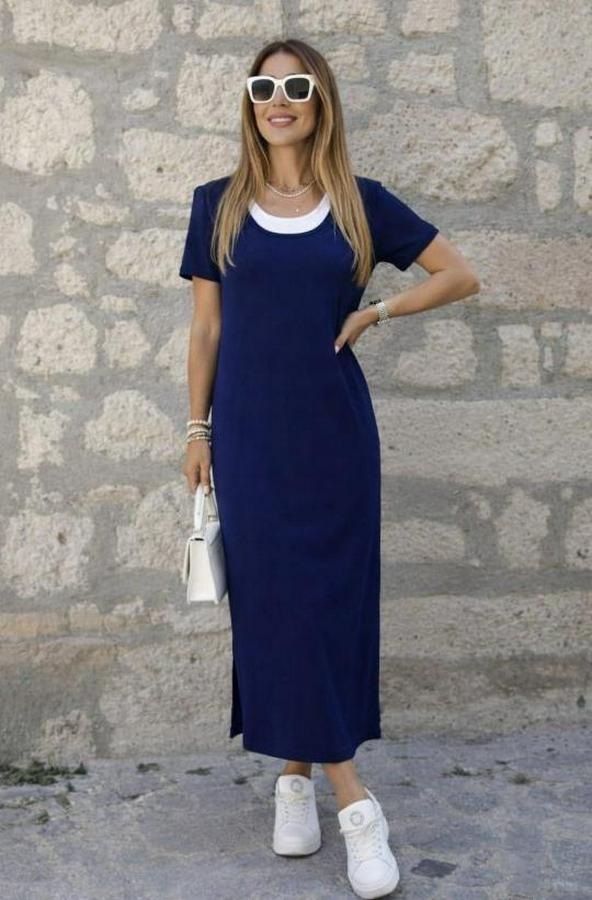 Kısa Kollu Içi Atlet Görünümlü Yandan Yırtmaçlı Uzun Viskon Elbise