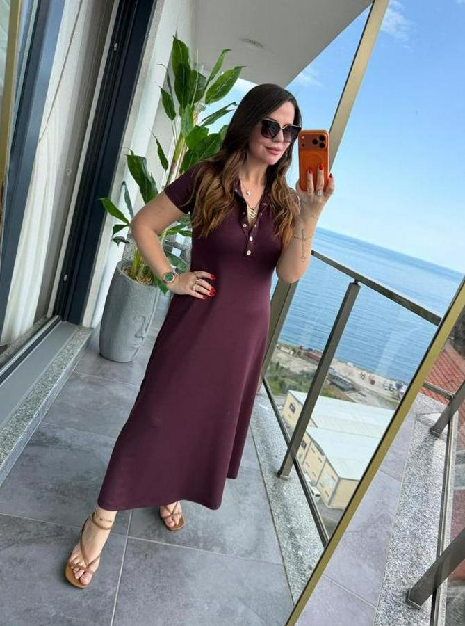 Kısa Kollu Iki Tarafı Düğme Detaylı Uzun Modal Elbise