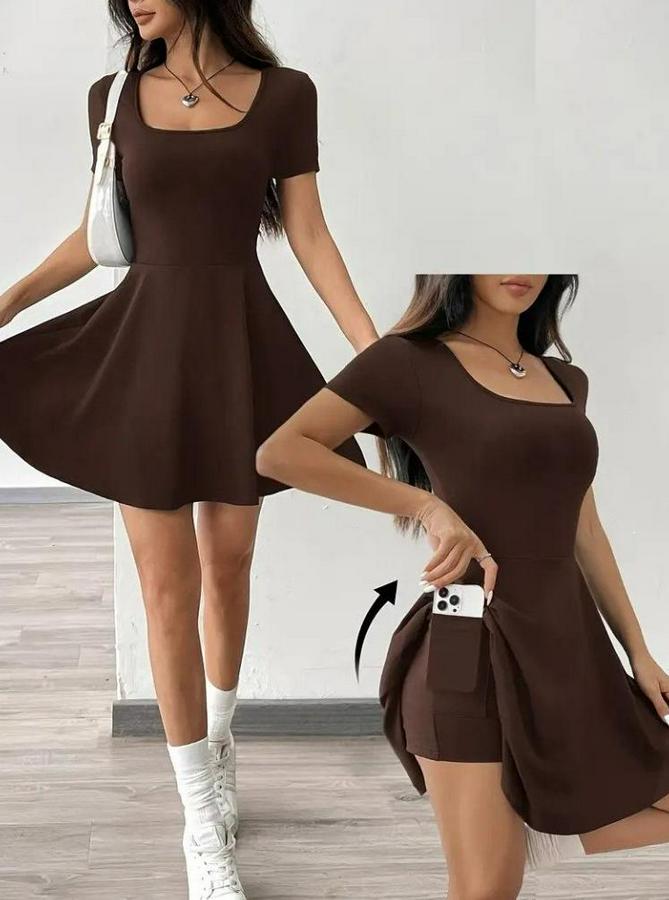 Kısa Kollu Kare Yaka Short Detaylı Cepli Dalgıç Elbise