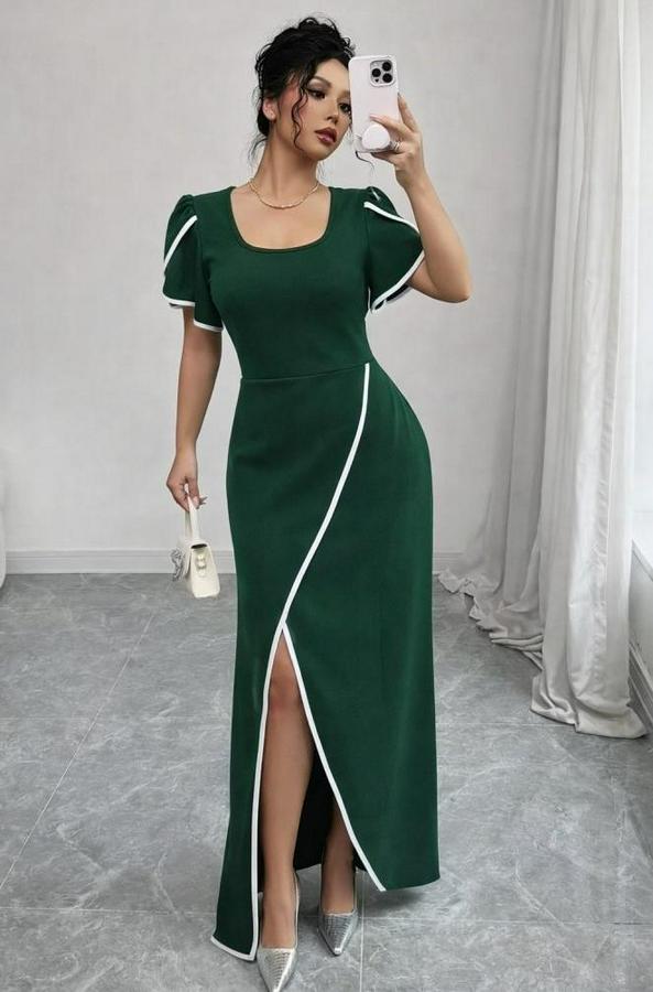 Kısa Kollu Kare Yakalı Önden Çapraz Kesim Detaylı Krep Elbise