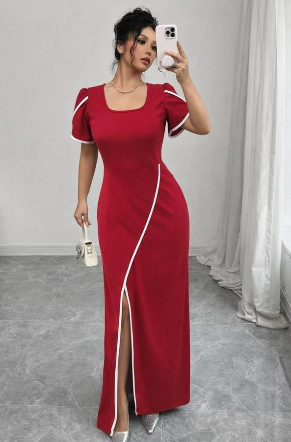 Kısa Kollu Kare Yakalı Önden Çapraz Kesim Detaylı Krep Elbise