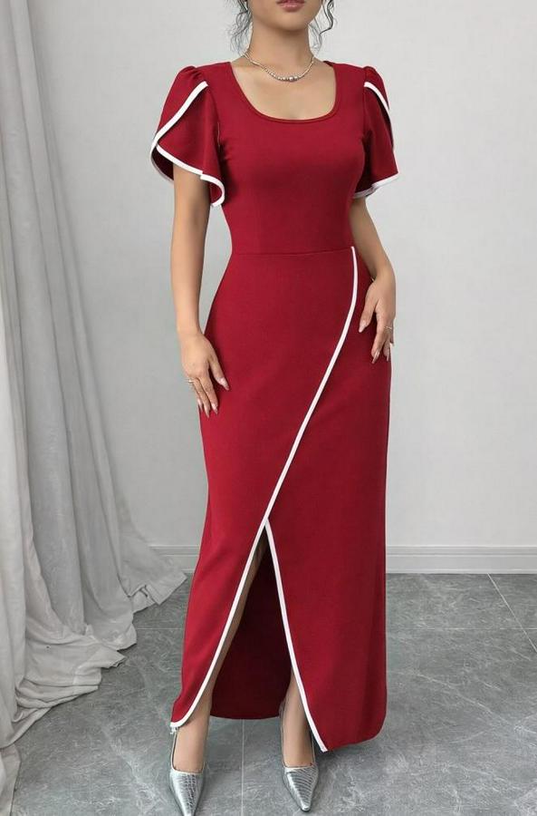 Kısa Kollu Kare Yakalı Önden Çapraz Kesim Detaylı Krep Elbise