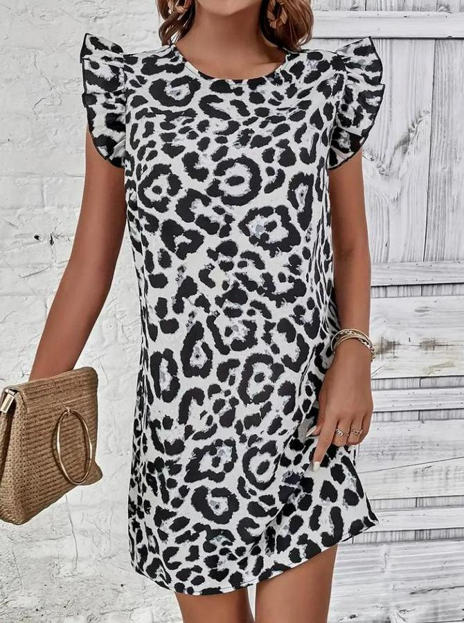 Kısa Kollu Kolları Fırfır Detay Arkası Bağlamalı Leopar Desen Kolsuz Mini Mikro Elbise