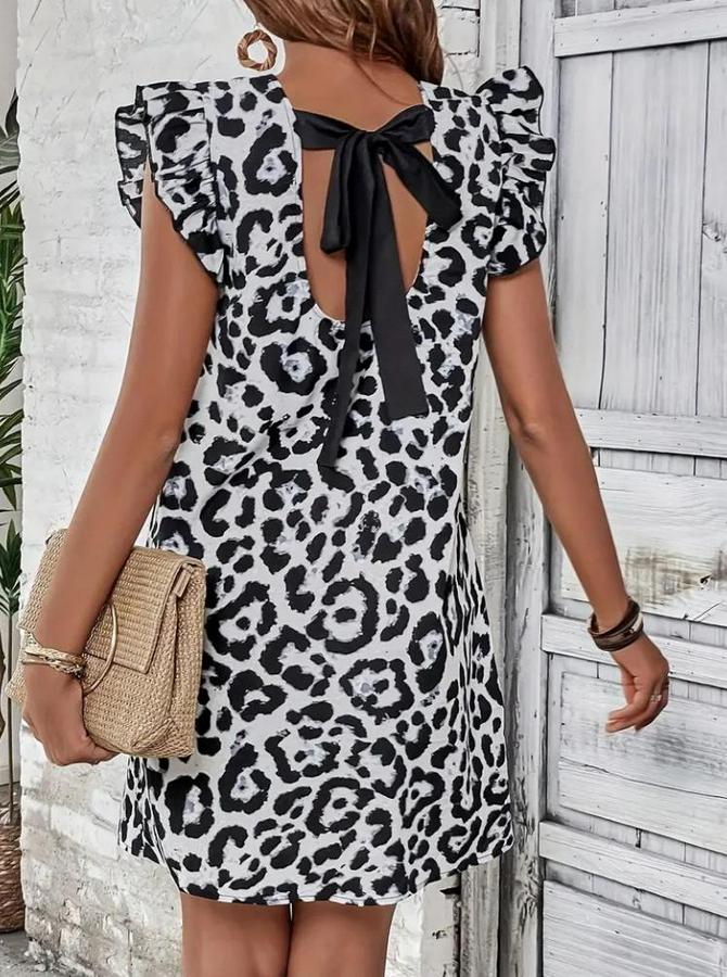 Kısa Kollu Kolları Fırfır Detay Arkası Bağlamalı Leopar Desen Kolsuz Mini Mikro Elbise