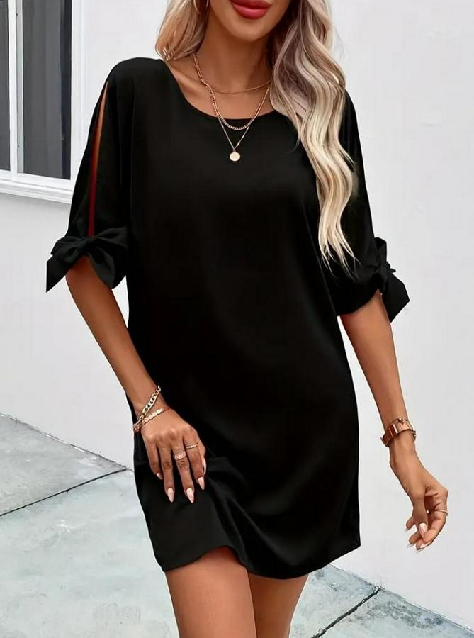 Kısa Kollu Kolu Bağlamalı Yakası Açık Janjan Elbise