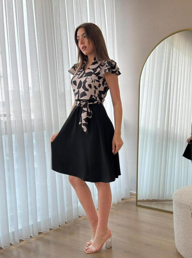 Kısa Kollu Kolu Fırfır Detay Mini Kuşaklı Kloş Krep Elbise