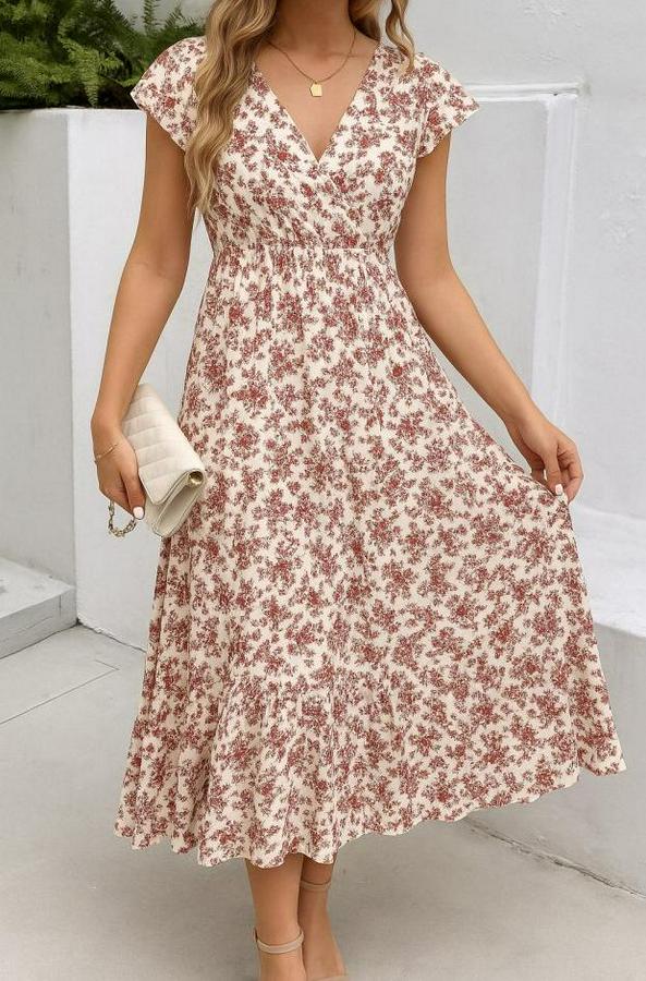 Kısa Kollu Kruvaze Yaka Beli Lastikli Çiçek Desenli Elbise