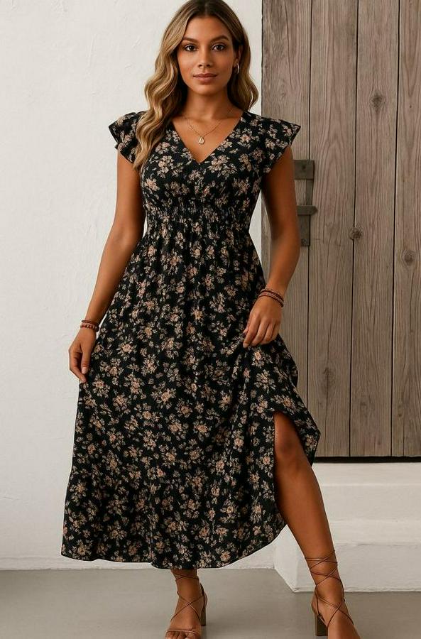 Kısa Kollu Kruvaze Yaka Beli Lastikli Çiçek Desenli Elbise