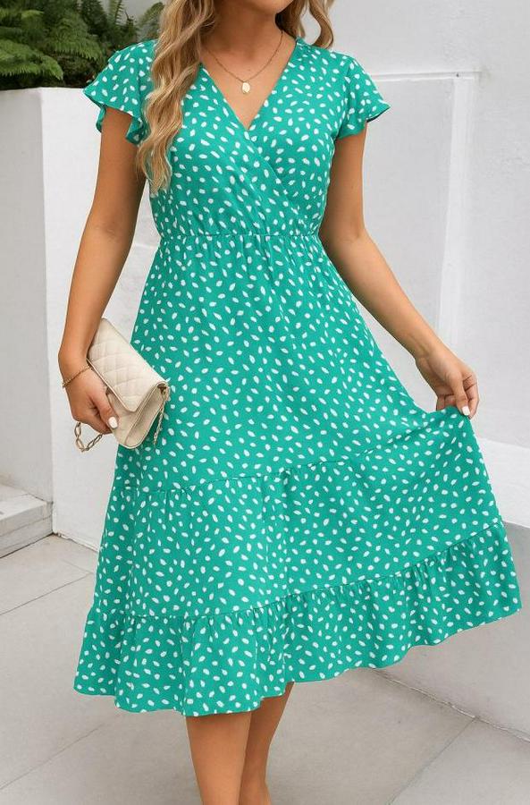 Kısa Kollu Kruvaze Yaka Beli Lastikli Çiçek Desenli Elbise