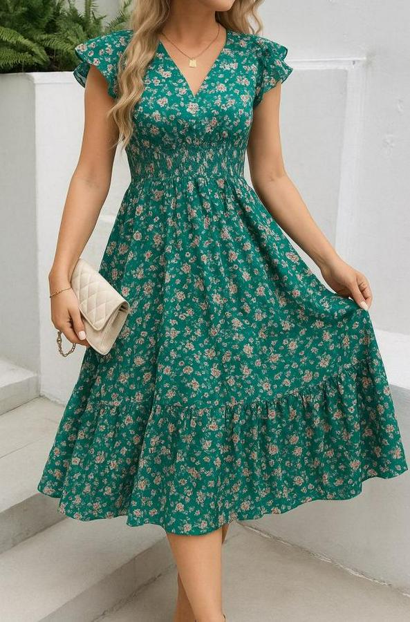 Kısa Kollu Kruvaze Yaka Beli Lastikli Çiçek Desenli Elbise