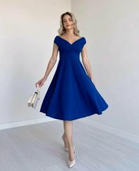 Kısa Kollu Kruvaze Yaka Eteği Volanlı Krep Elbise