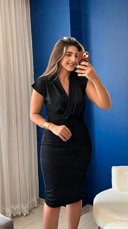 Kısa Kollu Kruvaze Yaka Krep Elbise (Kemersiz)