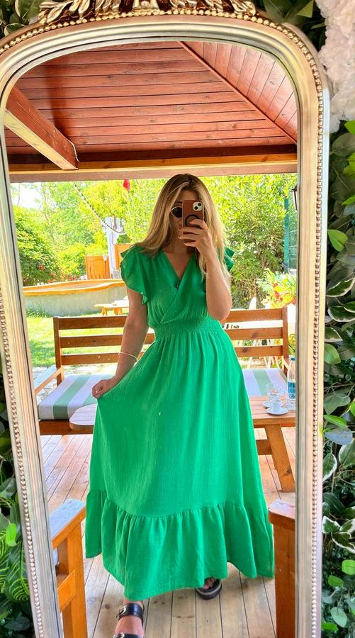 Kısa Kollu Kruvaze Yakalı Beli Lastikli Müslim Elbise