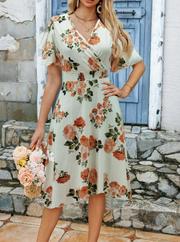 Kısa Kollu Kruvaze Yakalı Desenli Süprem Kısa Elbise