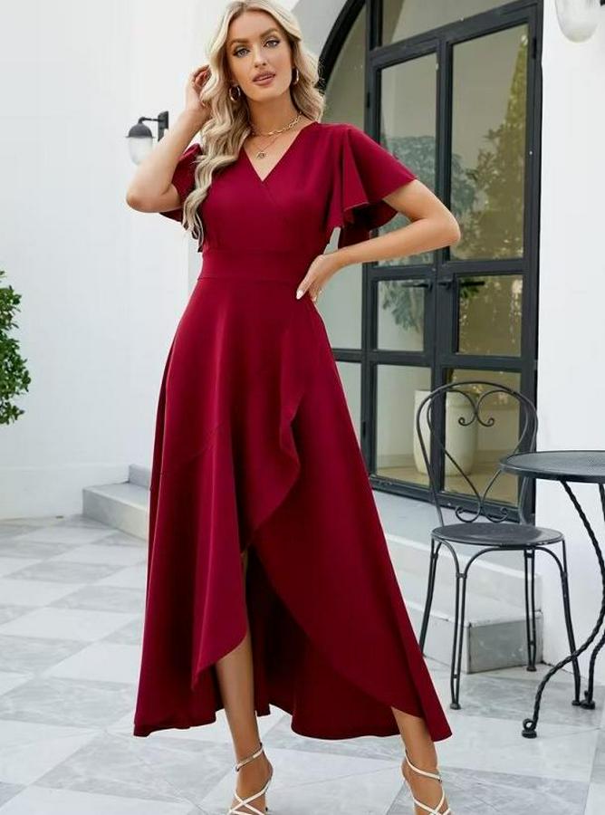 Kısa Kollu Kruvaze Yakalı Ön Asimetrik Volanlı Uzun Ithal Krep Elbise